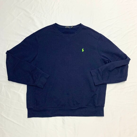 Polo Ralph Lauren Mens Navy Blue Fleece Crew neck Sweatshirt XL Neon Green Logo - Picture 1 of 9